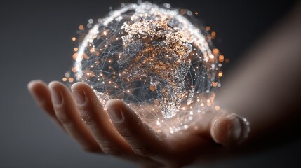 Hand holds a globe representing global connections and big data in a digital world