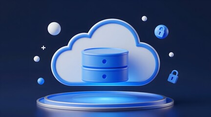Blue abstract cloud database with security elements on platform on a dark background