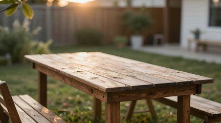Rustic wooden picnic table with attached benches sits on a green lawn at sunset