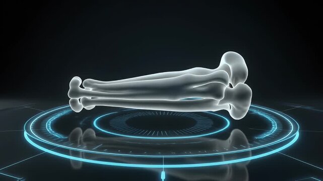 3D rendering of human arm bones and elbow joint in a futuristic medical display.
