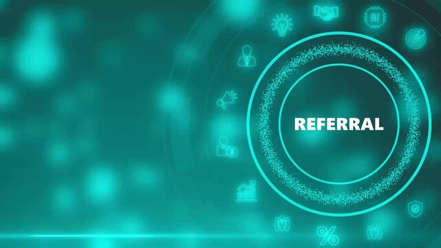 Digital referral program concept with glowing icons and referral text on a teal futuristic background