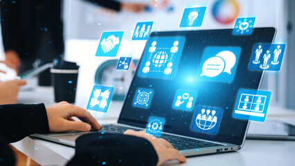 People networking and digital community with teamwork, partnership, collaboration and connection...