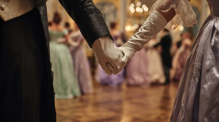 Closeup of elegant couple holding hands at Regency ball in historical costumes and white gloves