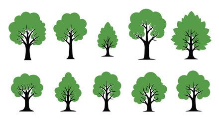 a collection of various stylized green trees on a white background