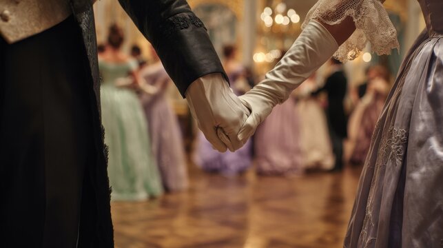 Closeup of elegant couple holding hands at Regency ball in historical costumes and white gloves