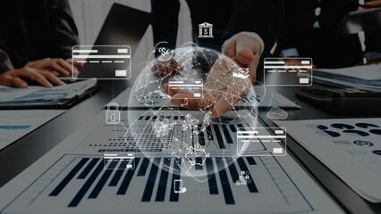 Business professionals collaborate in a modern office, analyzing data with a digital overlay of a global network, symbolizing connectivity and analytics in finance. Raster