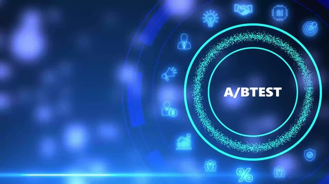 Digital A/ B test concept with glowing icons and A/ BTEST text on a dark blue futuristic background
