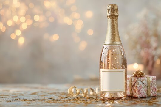 Holiday party champagne bottle scene with decorative tag and editable text area
