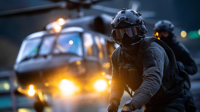Black-clad operators rappel from helicopter onto factory roof, smash through skylight, flashbangs exploding inside
