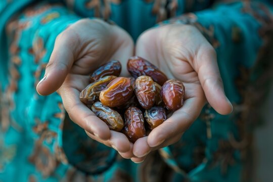 Hands holding dates offering healthy traditional food