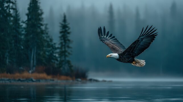 Majestic bald eagle flies over misty lake with pine trees in the background on a foggy morning