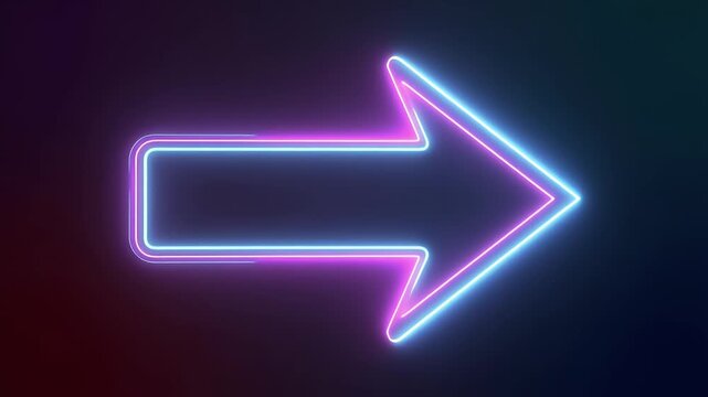 Vibrant neon arrow glowing with pink and blue light pointing right on a dark gradient background, symbolizing direction or progress.