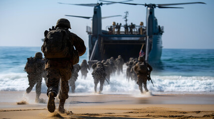 Landing craft ramp drops onto beach, marines charging through surf carrying rifles overhead, helicopters circling