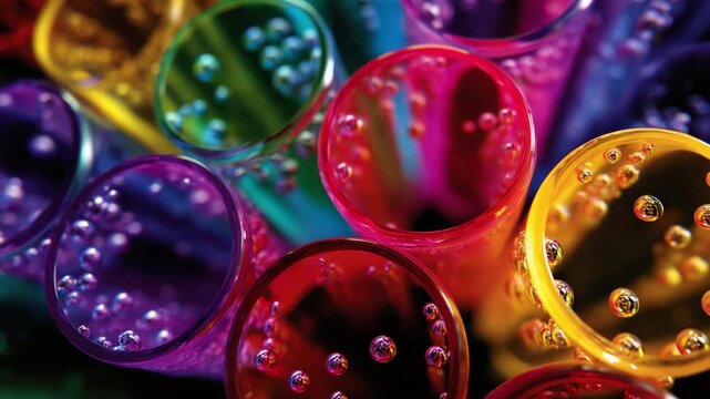 A vibrant array of colorful test tubes filled with effervescent liquids, showcasing a stunning visual display of bubbles and bright hues that capture the imagination and evoke a sense of scientific
