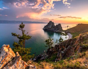 Lake Baikals Serene Beauty - A Sunset Over Olkhon Island.