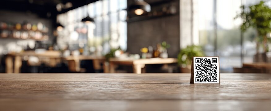 Modern cafe decor with QRcode on wooden table for innovation and convenience - Powered by Adobe