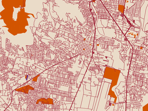 Street network map of Santa Cruz Xoxocotlan, Mexico, muted violet water and terracotta