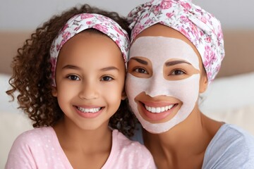 Mother and daughter applying a face mask together