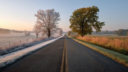Fototapeta premium Road Through Changing Seasons: Winter on One Side, Summer on the Other