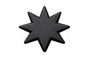 Black eight pointed star octagram symbol showing an abstract geometric shape with a metallic texture, isolated on transparent background