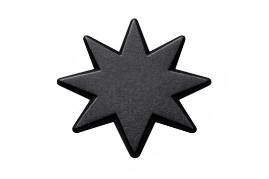 Black eight pointed star octagram symbol showing an abstract geometric shape with a metallic texture, isolated on transparent background - Powered by Adobe