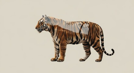 double exposure of a tiger with tiger habitat nature background, animal silhouette, animal photography, wilderness and conservation