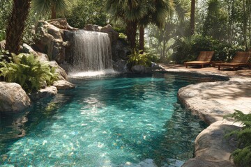 Naklejka premium Crystal blue pool with natural stone waterfall surrounded by tropical plants