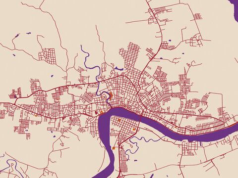 Urban map poster of Tuxpam de Rodriguez Cano, Mexico with warm ivory base with deep wine street grid, clay-orange areas and dusky purple waterways