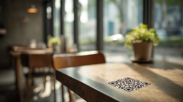 Qr code on coffee shop table with natural light for modern dining experience and contactless payment - Powered by Adobe