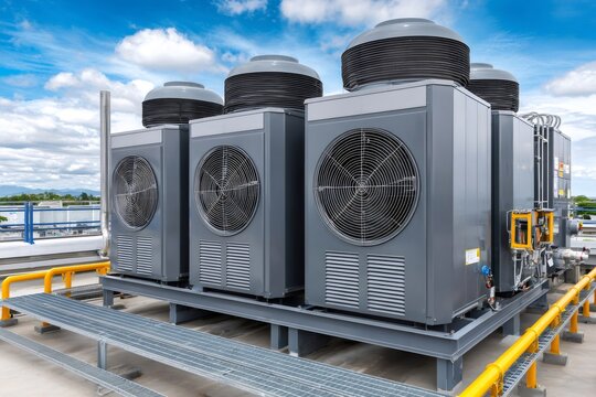 Industrial hvac system units operating on building rooftop