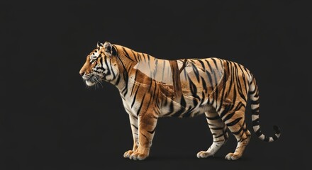 Obraz premium double exposure of a tiger with tiger habitat nature background, animal silhouette, animal photography, wilderness and conservation
