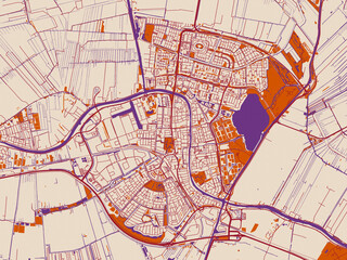Urban map poster of Alphen aan de Rijn, Netherlands with cream-toned map field with burgundy roads, terracotta highlights and muted violet water shapes