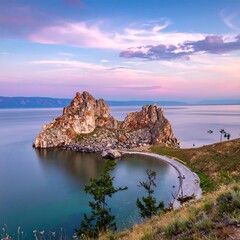 Lake Baikals Shamanka Rock at Sunset - A Serene Landscape.
