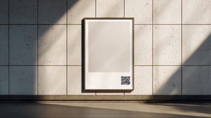 Modern minimalist poster with QR code on concrete wall for urban advertising design