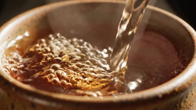 Pouring Delight:  Close-up shot of liquid gold, cascade from above, overflowing into an ancient ceramic pot. Evokes a sense of warmth,  rich texture, and delicious taste, with delicate bubbles.