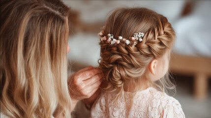 A close-up of an young mom styling a little girl's intricate braided updo. The hair features multiple braids elegantly pinned up and adorned with a delicate floral headpiece.