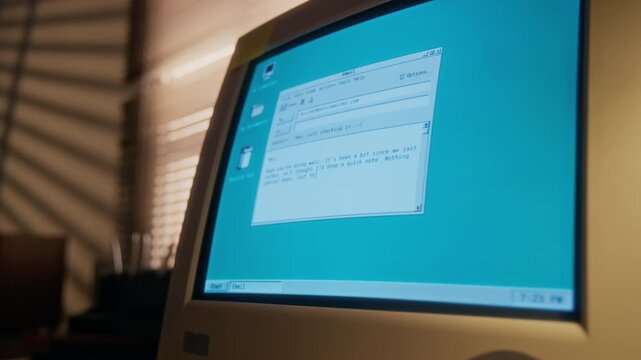 No people close-up of anonymous 1990s retro desktop computer user writing email, while communicating over internet on business or social matters, flickering CRT screen, at home or in office