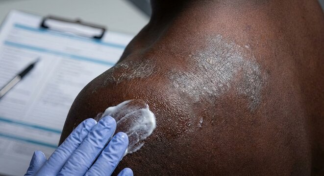 Dermatologist applying moisturizing cream to dry skin on shoulder of Black patient in clinic