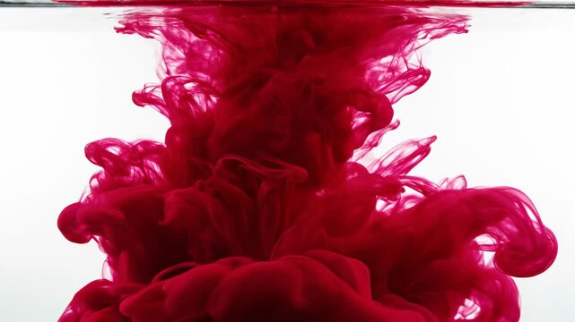 Red Ink in Water: Dynamic swirls of crimson ink dance and bloom in the clear water, creating a stunning visual display of liquid art, the movement is captured perfectly.