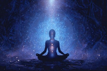 Obraz premium Cosmic mandala aura around a calm silhouette in a tranquil meditation scene