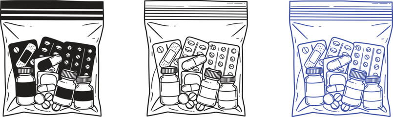 Medical zip bag with pills and bottles icons set for healthcare vector illustration © Zakriya Graphics
