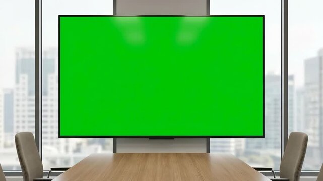 Time lapse shows sunlight and shadows moving across a conference room with a curved monitor displaying a green screen. Concept of corporate presentation.