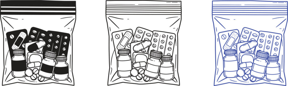 Medical zip bag with pills and bottles icons set for healthcare vector illustration