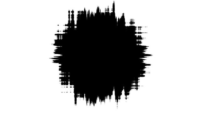 Glitchy black digital distortion effect on white background, error texture overlay, digital noise and pixelation