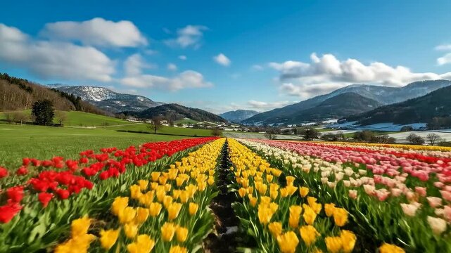 Time lapse shows snow melting in a mountain valley as grass grows and tulips bloom across the meadow. Concept of spring renewal and climate transition.