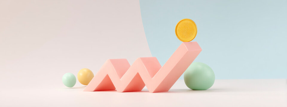 Playful 3D chart with golden coin and colorful geometric shapes on pastel background, symbolizing financial growth, creativity, and modern investment ideas. banner - Powered by Adobe