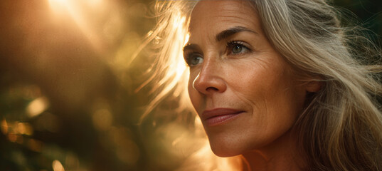 Close-up Portrait of Senior Woman in Glowing Sunlight with Wind in Hair