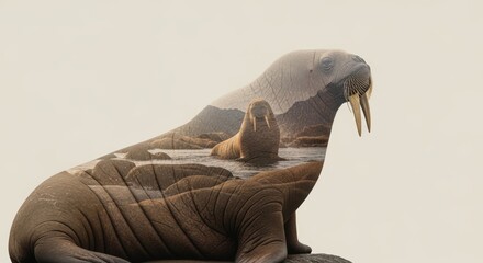 double exposure of a walrus with walrus habitat nature background, animal silhouette, animal photography, wilderness and conservation