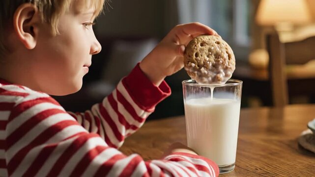 A young child with a joyful expression dips a freshly baked cookie into a tall glass of milk.