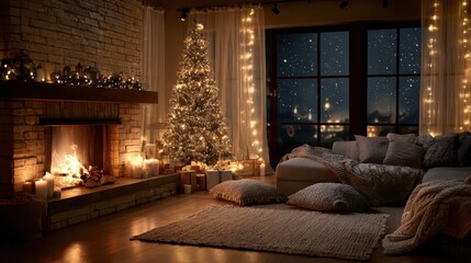 Fototapeta premium Nighttime Christmas Decor: Soft Lighting, Fireplace Glow and Wrapped Presents